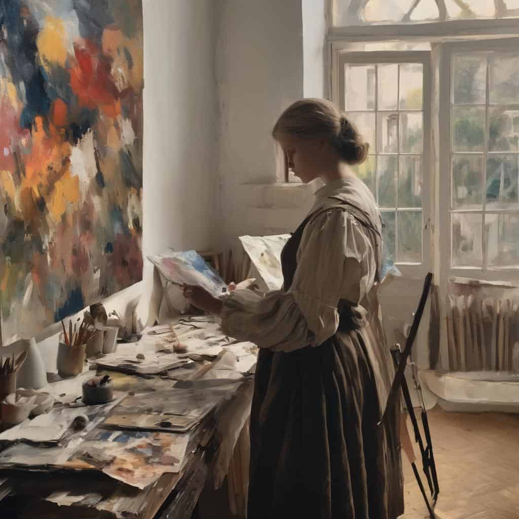 Ζυγισμένος καλλιτέχνης σε παλιά αίθουσα με πίνακες και καμβάδες, αφοσιωμένος στη δημιουργία έργων τέχνης.