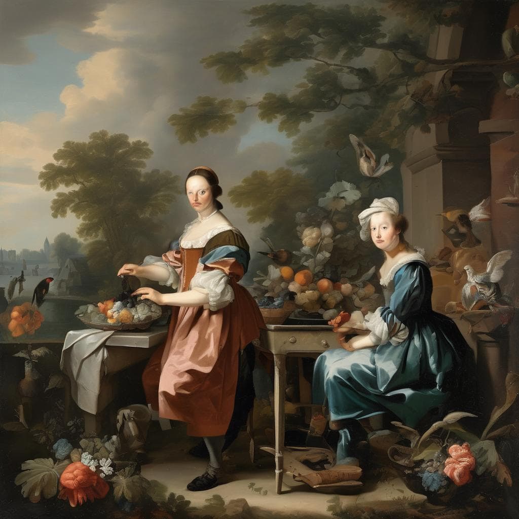 Ζωγραφικό έργο με δύο γυναίκες σε φυσικό περιβάλλον, αντικείμενα και ζώα, αναπαριστώντας την τέχνη μέσα από βιογραφίες και έργα.