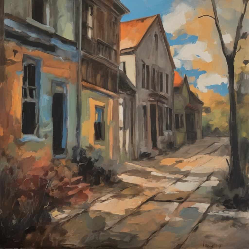 Παραδοσιακά σπίτια σε μια ήσυχη οδό, ζωγραφική απεικόνιση στην τέχνη και την ιστορία.